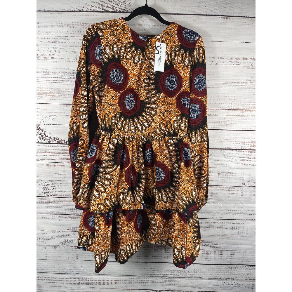 Ace Kouture Dress Womens Small Orange Geometric Flare Hi Low Ruffle Long Sleeve